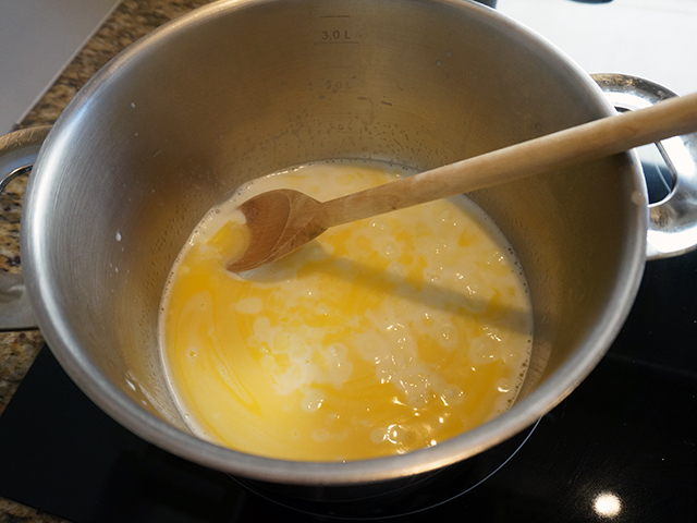 01 combine milk, water, butter salt and sugar in pan, bring to boil